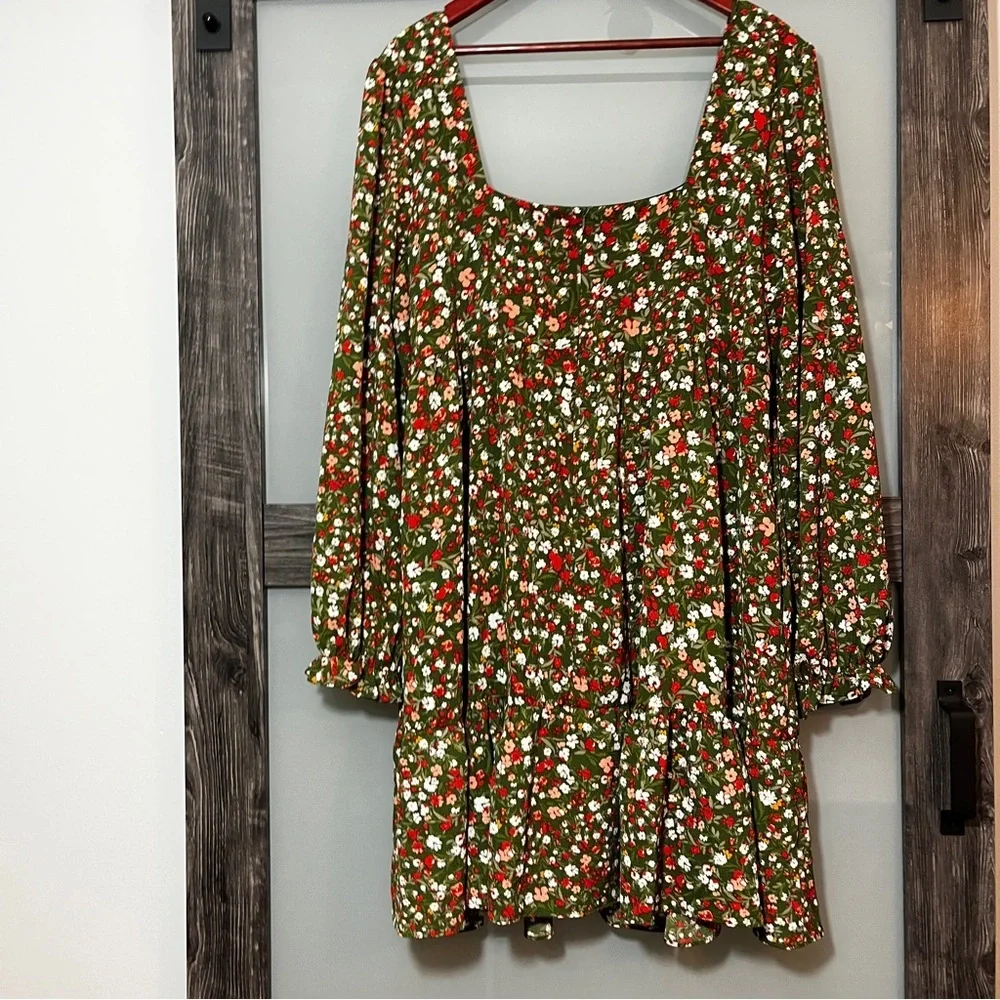 BCBG Olive Green Babydoll Micro Floral Peasant Women's XXL Dress Square Neckline - Picture 2 of 13